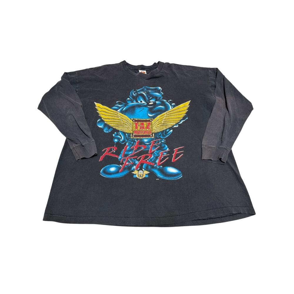 Vintage 90’s Taz Motors Ride Free Long Sleeve T Shirt Mens Size XL Black Tee